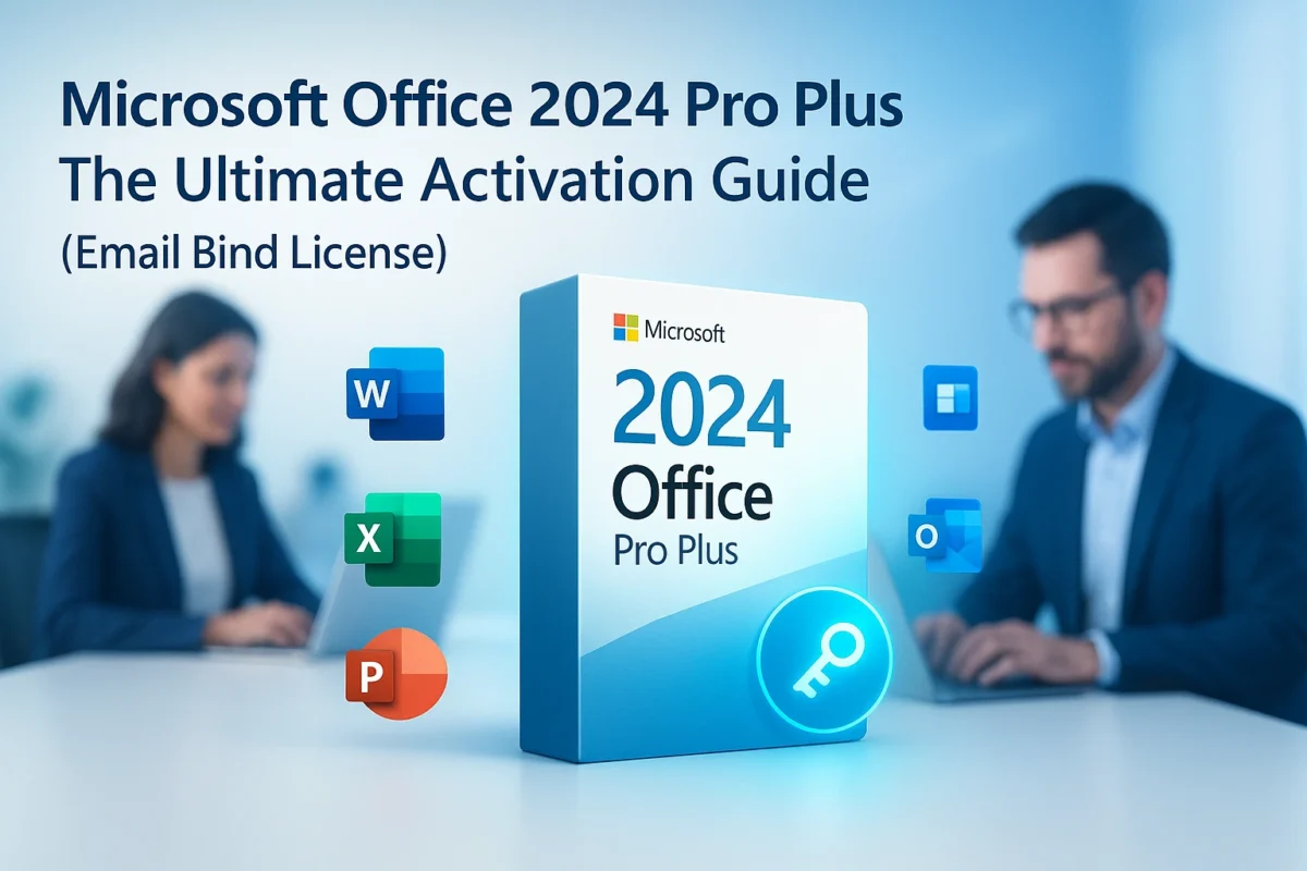 Microsoft Office 2024 Pro Plus product box with email bind activation guide, floating app icons, and professionals using laptops in a modern blue-themed digital workspace.