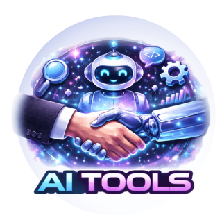 Human and AI robotic hand handshake with futuristic AI tools interface, representing collaboration between humans and artificial intelligence