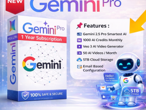 Google AI Pro subscription with Gemini Advanced, 5TB cloud storage, 1000 AI credits monthly and AI assistant robot with product box design