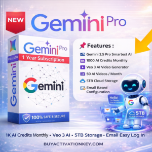 Google AI Pro subscription with Gemini Advanced, 5TB cloud storage, 1000 AI credits monthly and AI assistant robot with product box design