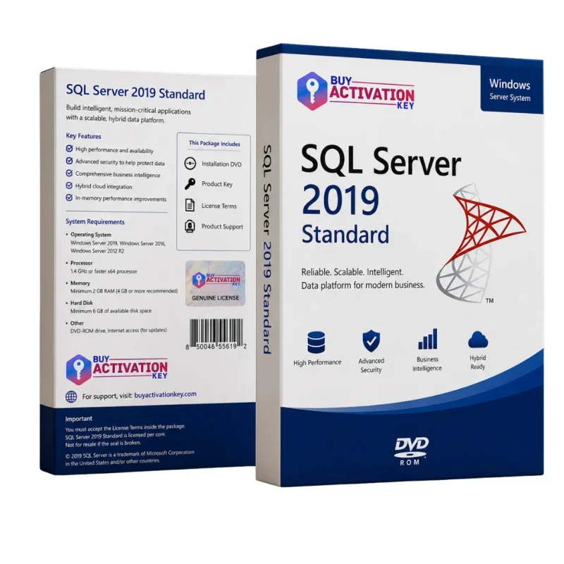 SQL Server 2019 Standard physical DVD license pack with original license key packaging and courier delivery